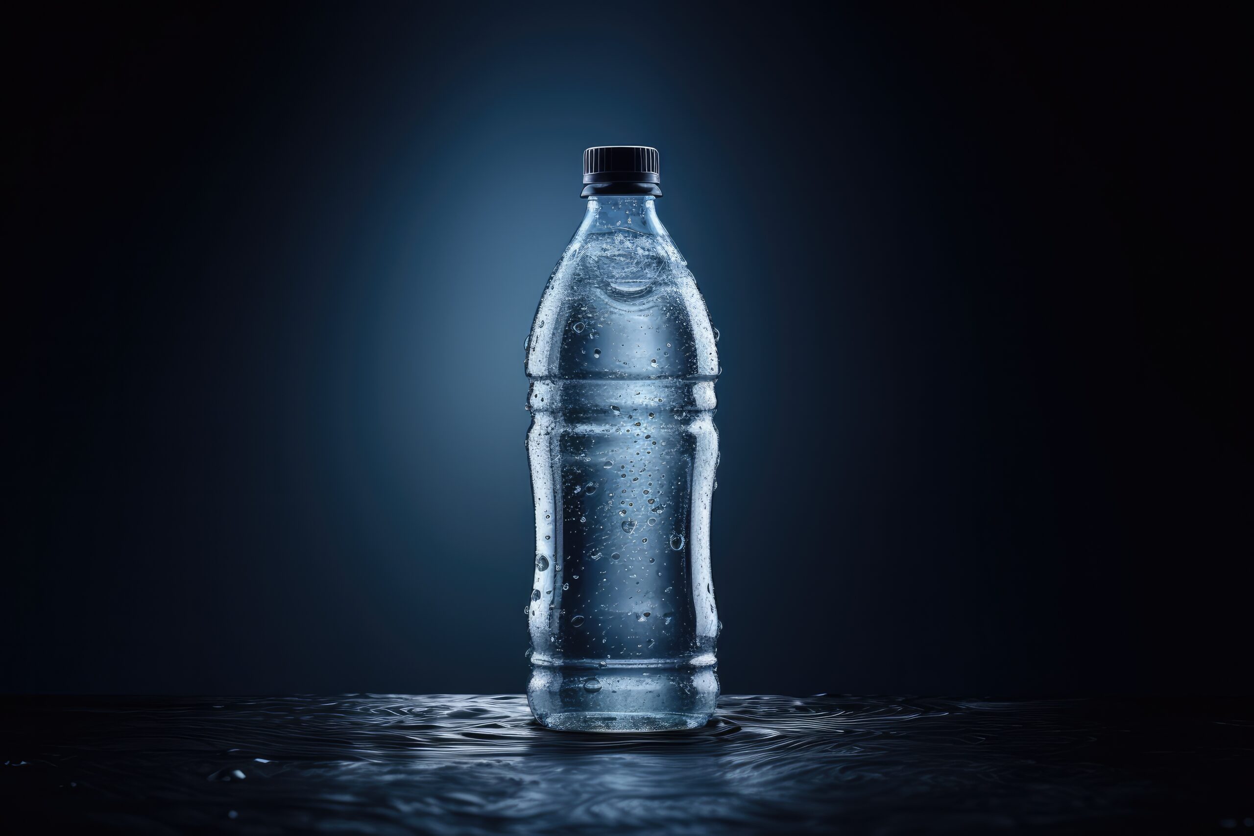 bottle of water in a dark wet surface, studio photography, product photography for mockup, image stock, key lighting, clean, sharp, advertising qualiting, color graded, digital imaging ar 3:2 style raw